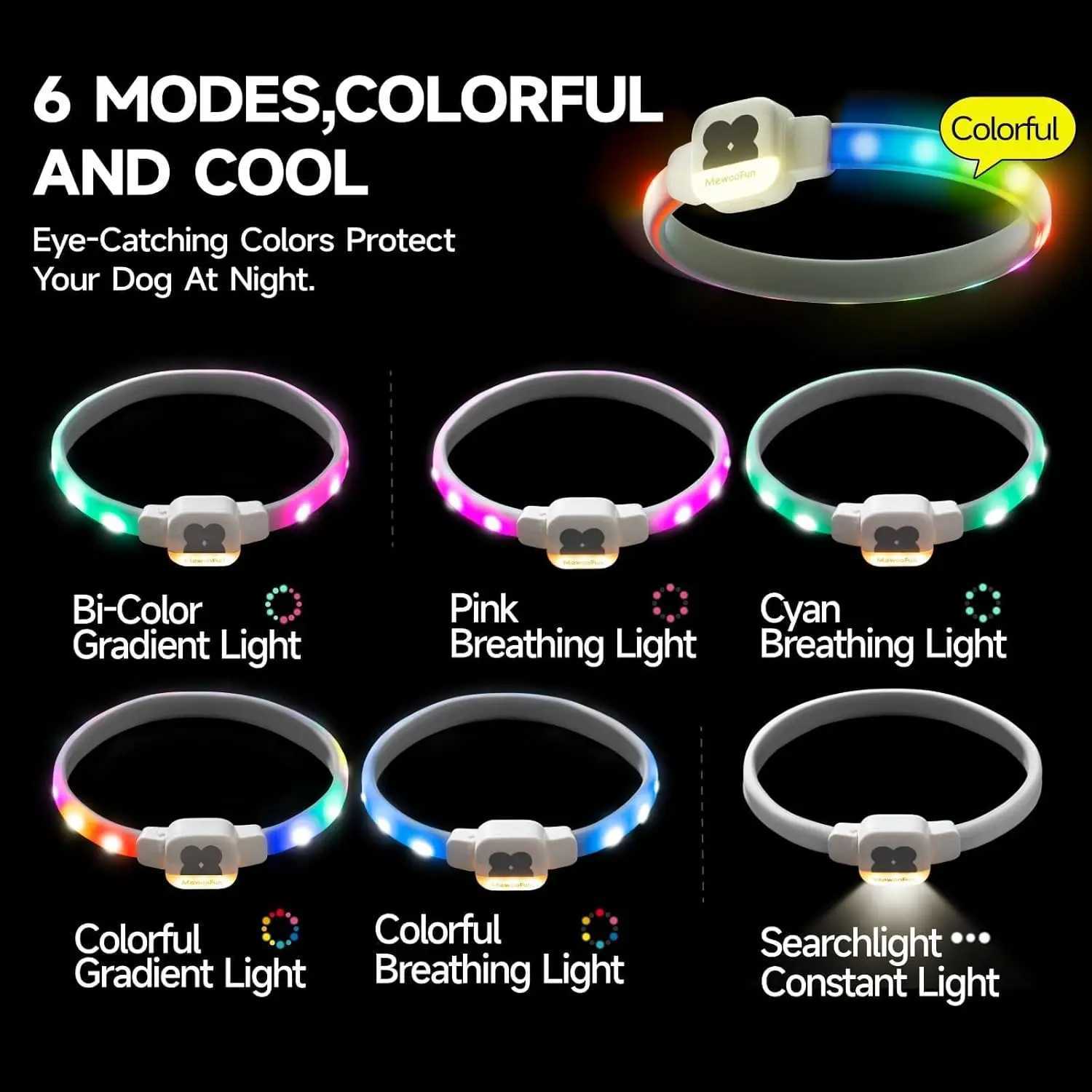 Mewoofun luminous dog collar LED with USB charging emits light in the dark waterproof dog necklace 6 flashing modes suitable for dogs W250219