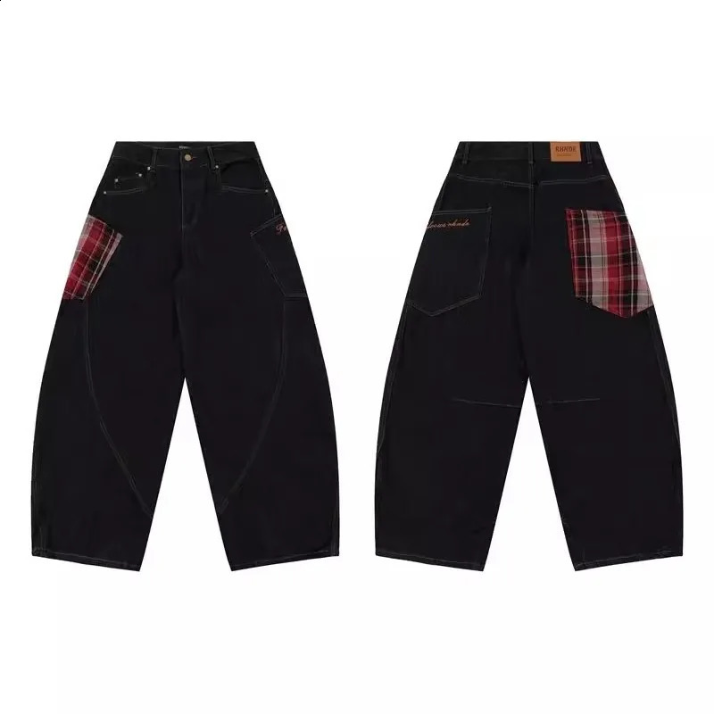 Plaid Patchwork Hip Hop Mens Jeans American High Street Big Pocket Couple Denim Pants Color Block Wide Legs Cowboy Trousers 250218