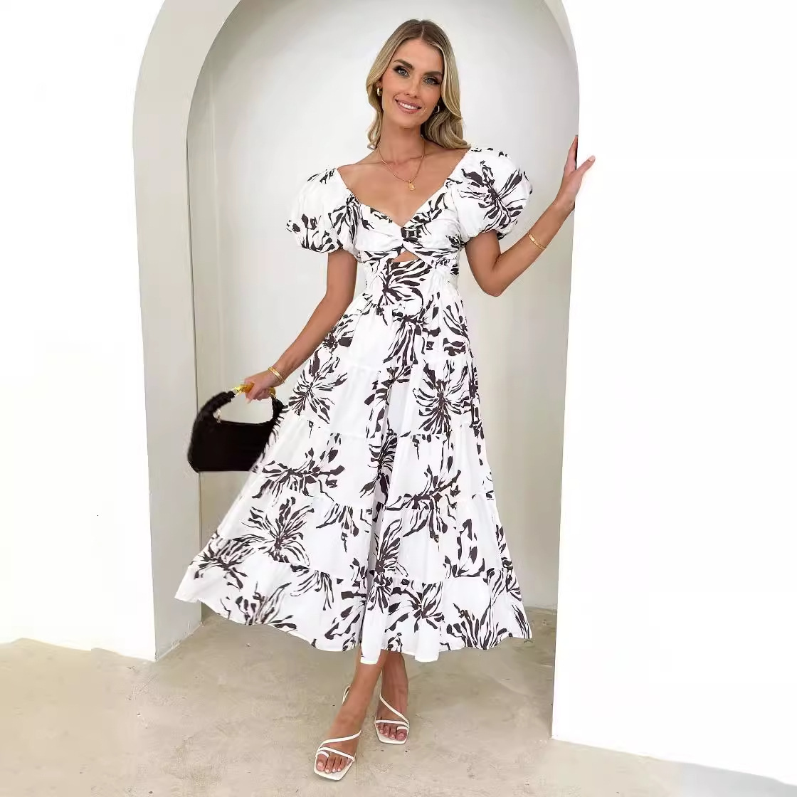 europe and america 2024 spring/summer new style slim fit printed bubble sleeves large hem high end dress for women