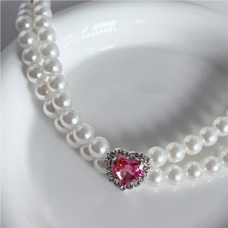 Luxury Double Row Pearl Dog Necklace with Big Pink Heart-Shaped Rhinestones Decorative, Pet Neck Decoration for Small Medium Dogs, Adjustable Pet Neck