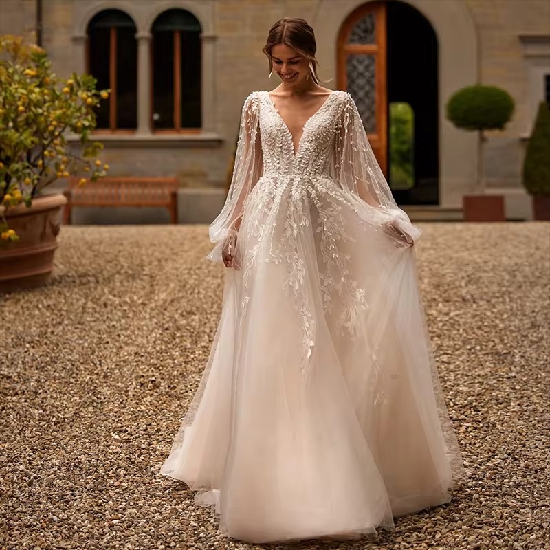 Pleat A Line Wedding Dress 2025 Side Slit Vestido De Noiva Satin Appliqued Women V Neck Bridal Gown Bridal Party Gowns Custom Made Beach Brides Gowns 