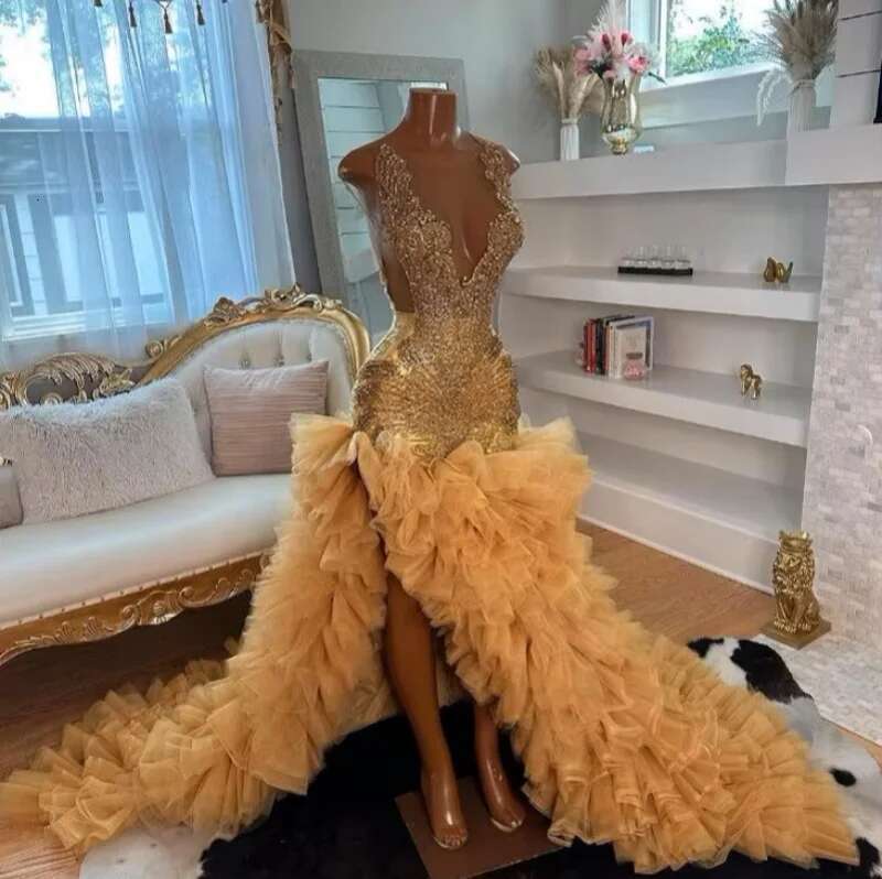 Rhie Gold Long Prom Dresses Mermaid 2025 Black Girls Beaded Rufflues African Evening Party Gala Graduation Gown Customized
