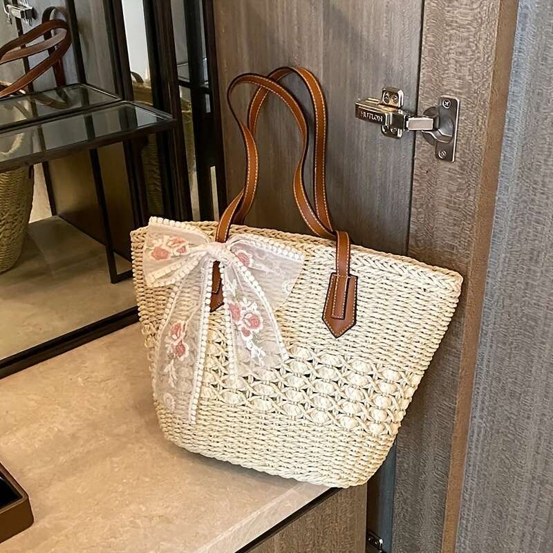 1pc Bohemian Style Handmade Straw Tote Bag for Women, Large Capacity Rattan Weave Basket with Zipper Closure, Beige and Khaki