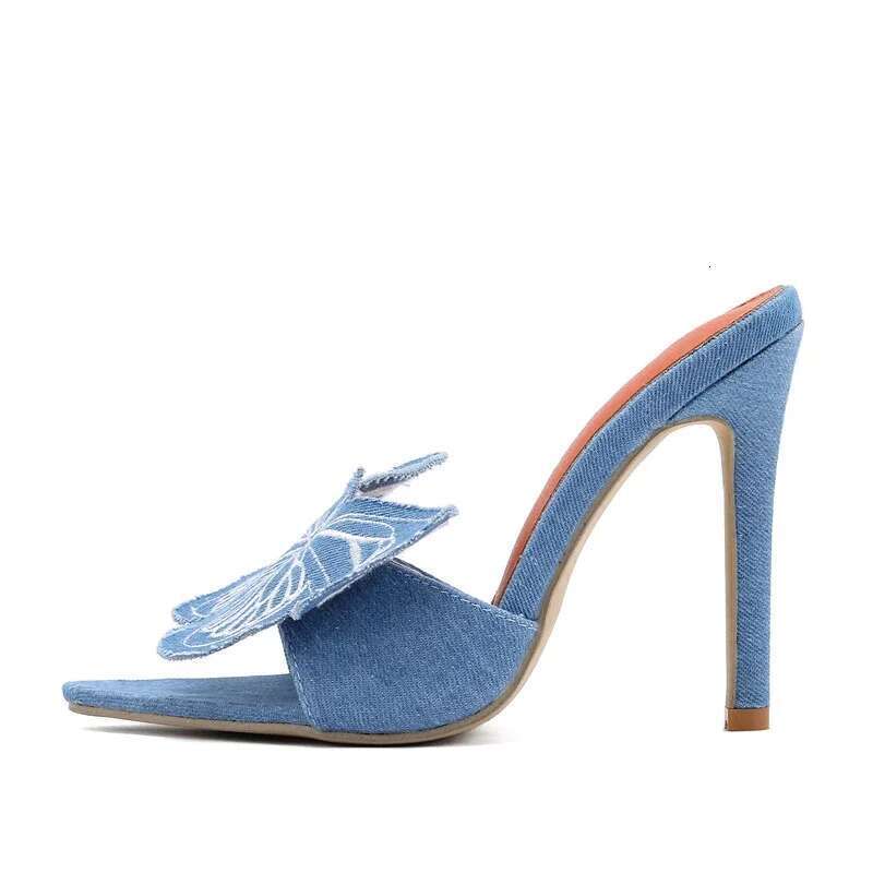 Sexy Denim Butterfly wer Thin Heels Slipper Women Summer Fashion Pointed Toe Slides Stripper Party Mule Shoes