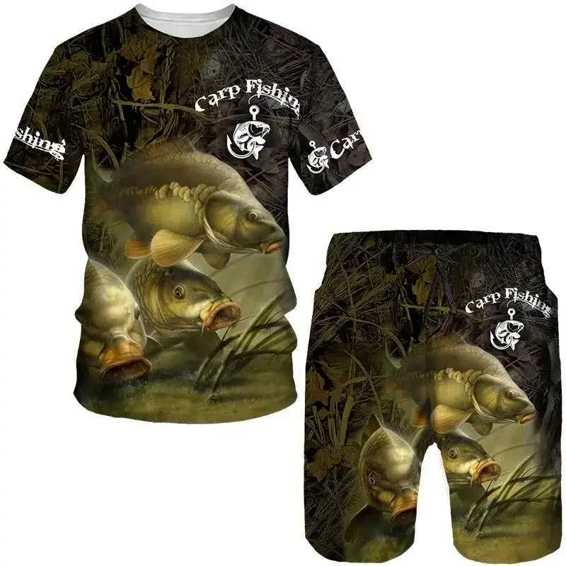 Mens Outdoor Fishing Hunting 3D Print T-shirt Shorts 2-piece Set O-neck Retro Fashion Sports Short Sleeve Pullover High-qualityXJ250218