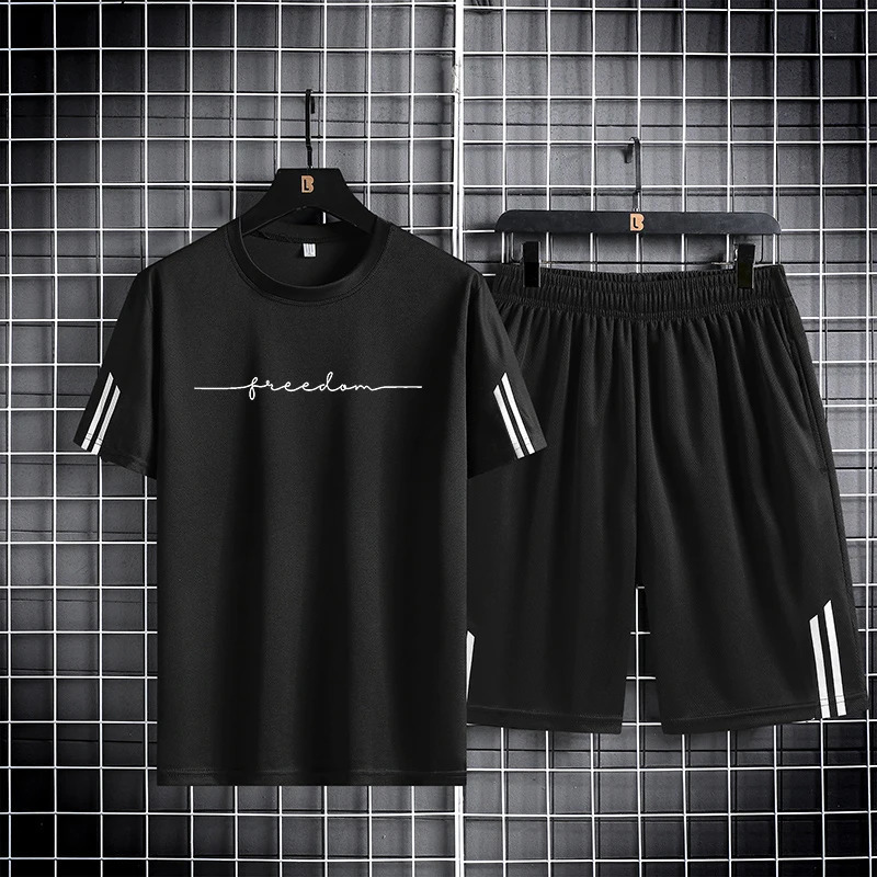 M5XL Summer Mens 2024 Quick Drying Breathable Mesh Short Sleeve Tshirt and Two Piece Running Sports Set 250219