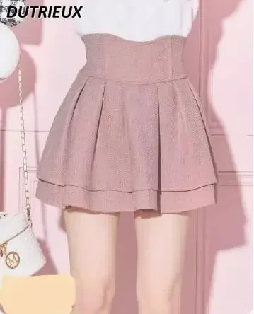 Japanese Lolita Skirts Ruffled Pleated Plaid Skirt Women Spring Elastic High Waist Slimming Gentle Mini Culottes 250213
