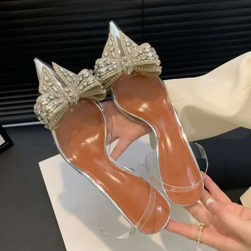 2025 Spring Design Crystal PVC Transparent Woman Pumps Elegant Style Thin High Heels Party Prom Female Mule Shoes