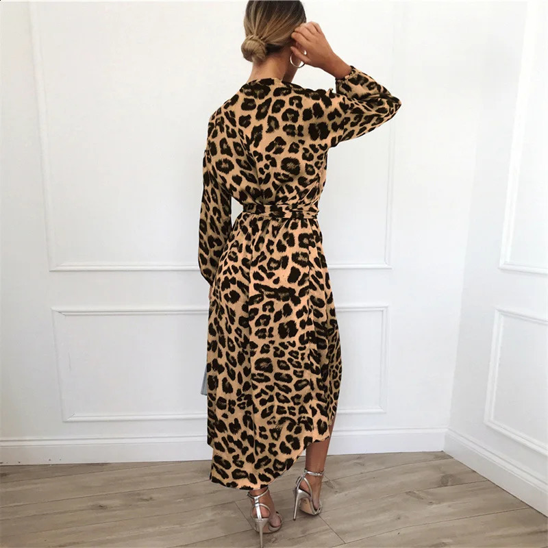 Fashion V-neck Long Sleeve Leopard Print Midi Dress Women Autumn Elegant Vintage Office Ladies Dresses For Women Robe Femme 250218