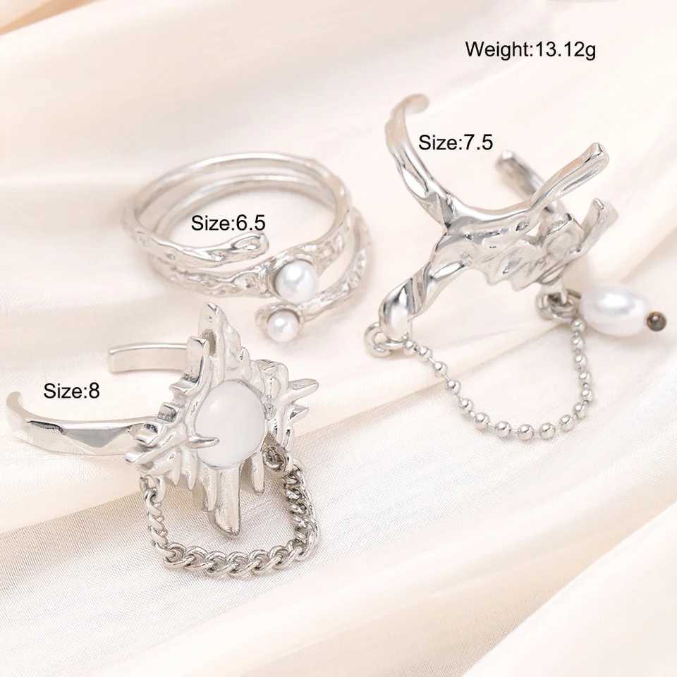 Vintage Irregular Pearl Open Ring for Women Men Punk Gothic Sliver Color Crystal Adjustable Couple Rings Y2K Egirl Jewelry GiftsXJ250219