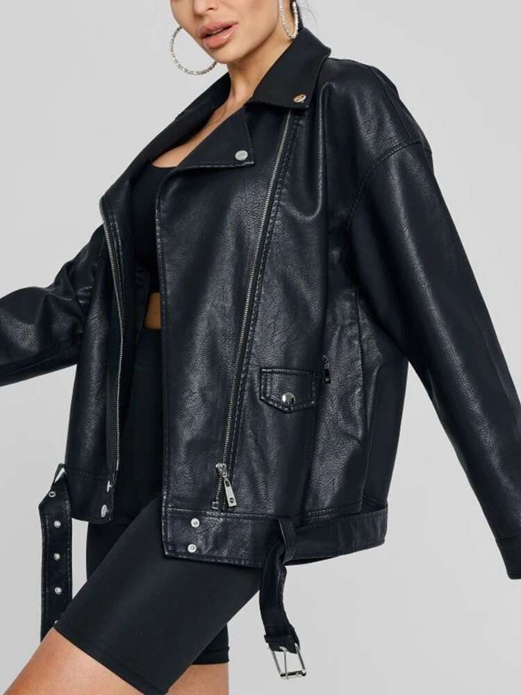 Aigo Spring Autumn Women Moto Biker Black Loose Pu Faux Leather Jacket Streetwear Female Zipper Belt Coat Outwear