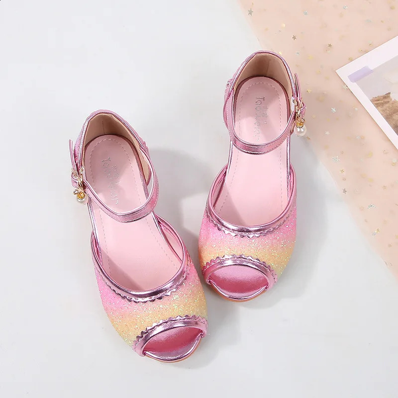 Sweet Girl Princess Dress Sandals Rainbow Sequins Children High Heels Glitter Spring Summer Kids Casual Shoes for Wedding Party 250218