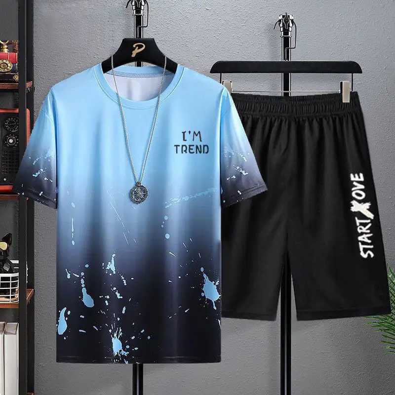 Summer mens casual suit mens thin quick drying round neck short sleeved T-shirt youth home wear sports two-piece setXJ250326
