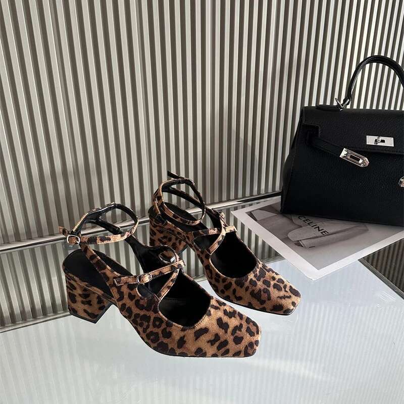 Fashion square toe women pumps buckle strap chunky heel dress shoes