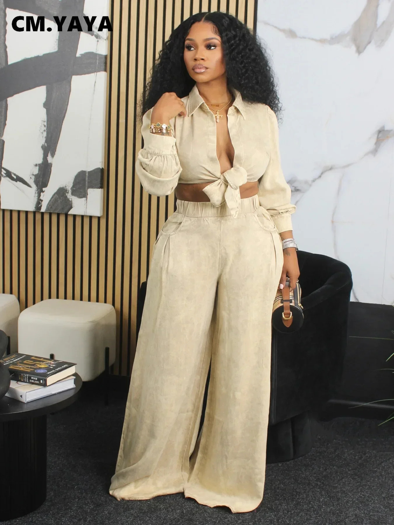 CM.YAYA Womens Set Tie Up Long Sleeve Shirt and Pocket Loose Wide Leg Pants Autumn Street Two 2 Piece Sets Outfits Tracksuit 250218