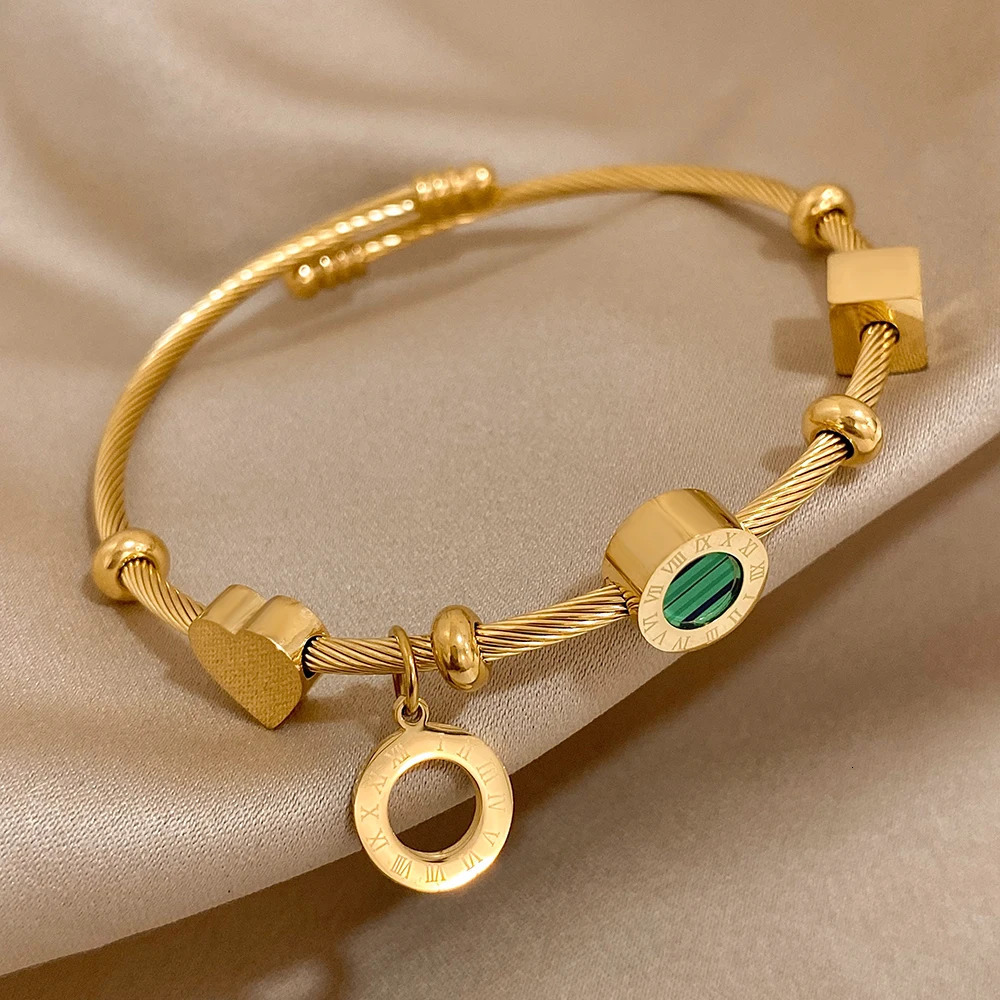 AENSOA 316L Stainless Steel Malachite Roman Letters Charm Bangles Bracelets for Women Gold Color Waterproof Wrist Jewelry Gift 250213