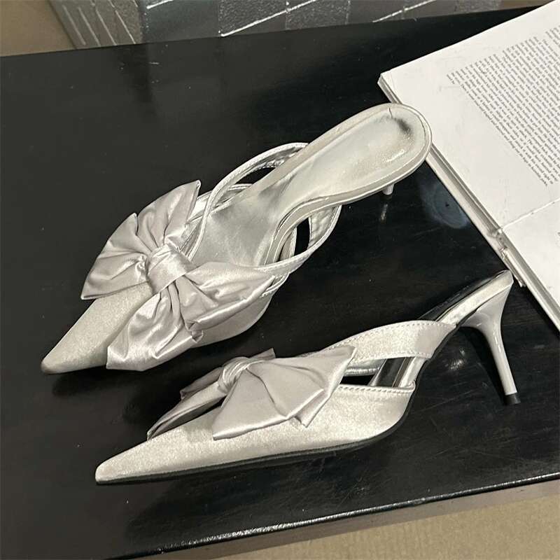 Spring Big Butterfly-knot Hollow Out Women Slippers Sandals Pointed Toe High Heel Pumps Mules Ladies Stripper Shoe