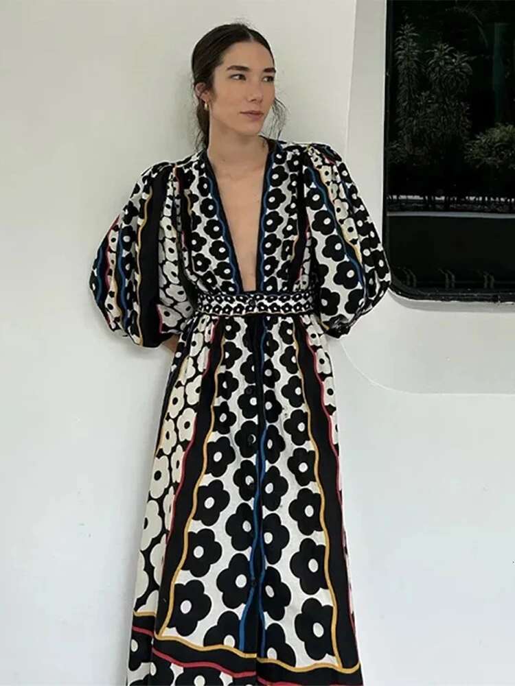Printed Deep V-Neck Dresses Women Elegant Long Puff Sleeve Vintage Maxi Dress Spring Lady High Waist A E Loose Robes