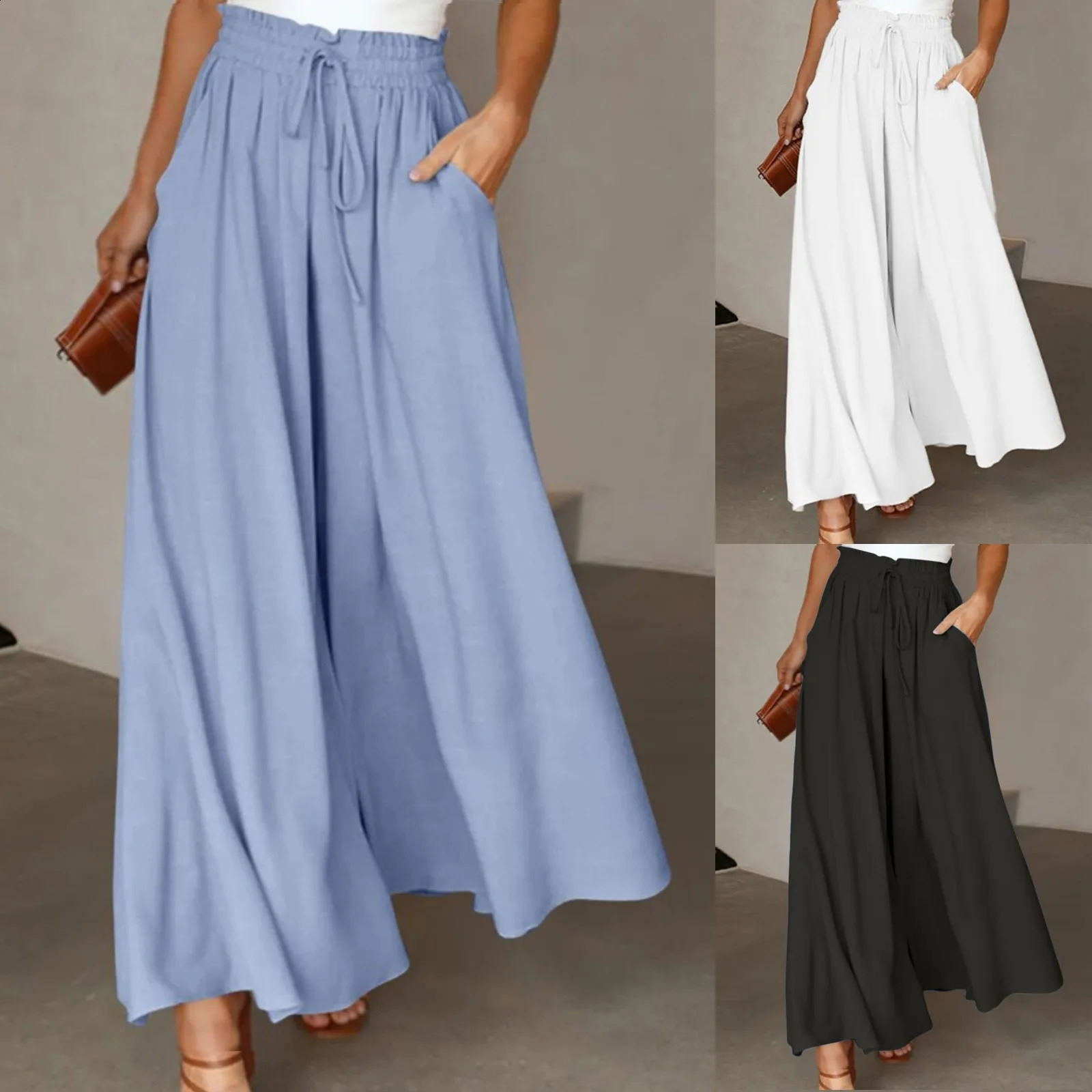 Women Wide Leg Pants Elastic Waist Drawstring Oversized Trousers Korean Fashion Pantalones Y2k Boho Solid Color Beach Pants 250218