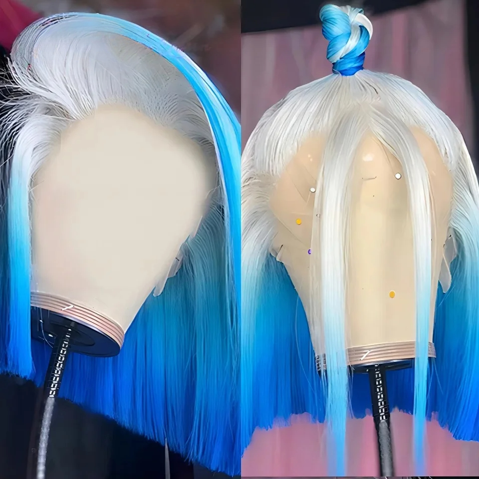 Free shipping Peruvian hair Blue 60 Platinum Colored Short Bob 13x4 Front Human Hair Wigs White Blonde HD Transparent Lace Frontal Wig