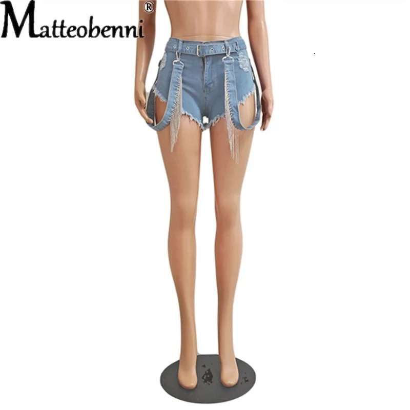 Summer Women Ripped Hollow Shorts Jeans Pants Casual High Waist Denim Shorts Sexy Rhinestone Tassel Nightclub Short Jeans 250217