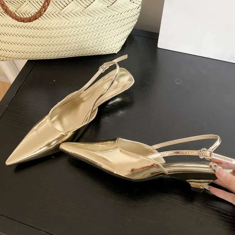 Fashion Pointed Toe Buckle Strap Sgback Women Pumps Design Style Wedges Low Heels Party Dress Mule Shoes