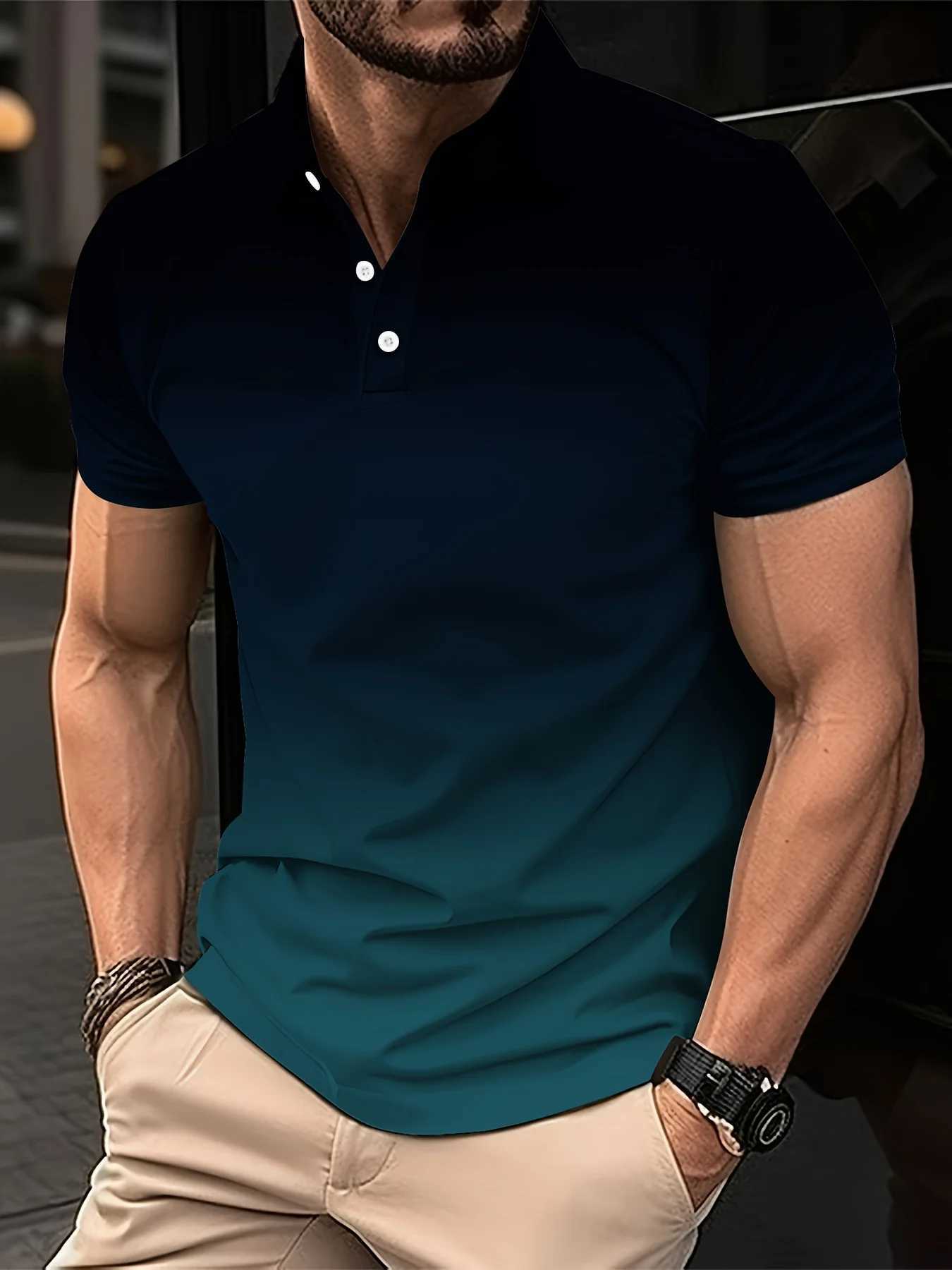 Mens Fashion Gradient Color Polo Shirt Lapel Golf Shirt Short Sleeve Printed Button Clothing Fashion Design Casual BreathableXJ250219
