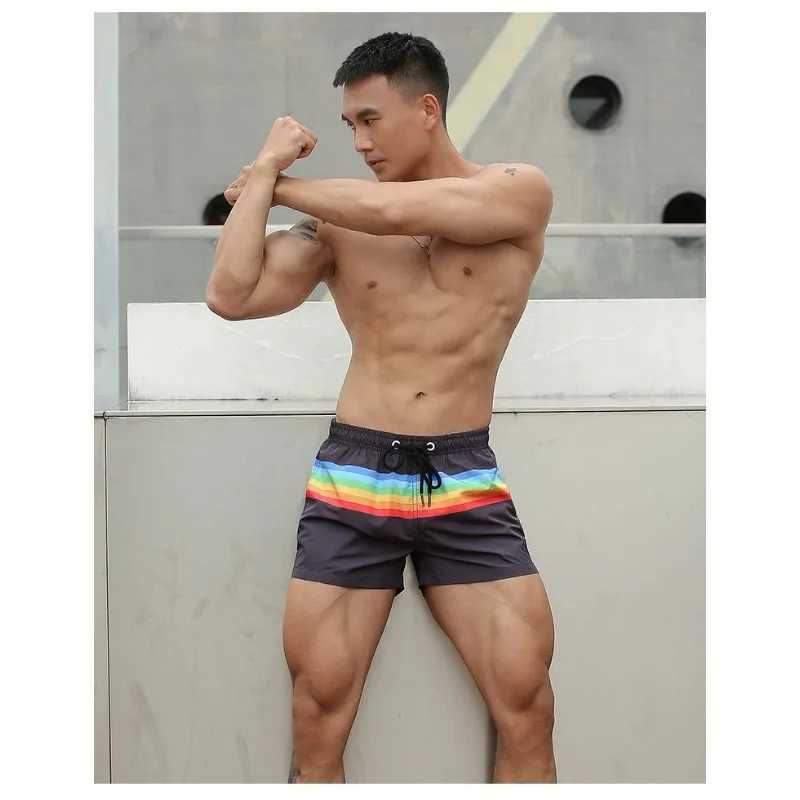 Men's Shorts Mens sports running beach shorts rainbow swimming trunk pants quick drying z250219