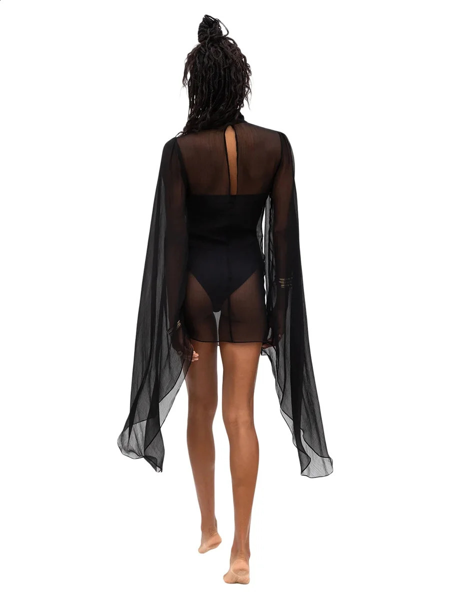 Womens Bikini Cover Up Seethrough Beach Mini Dress Flare Sleeve Turtleneck Swimsuit Summer Beachwear 250212