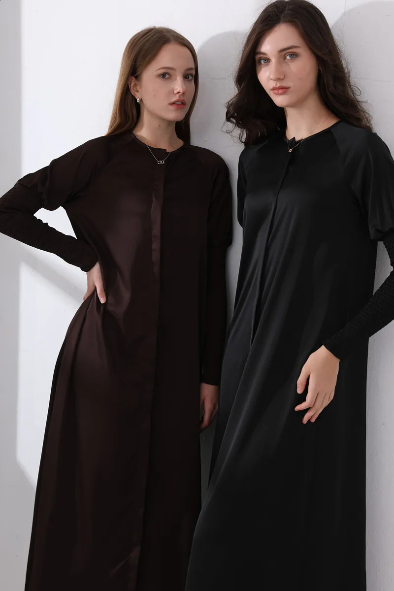AS woman clothing satin dress button down n smocking sleeve maxi Ship out in 1 day 250218