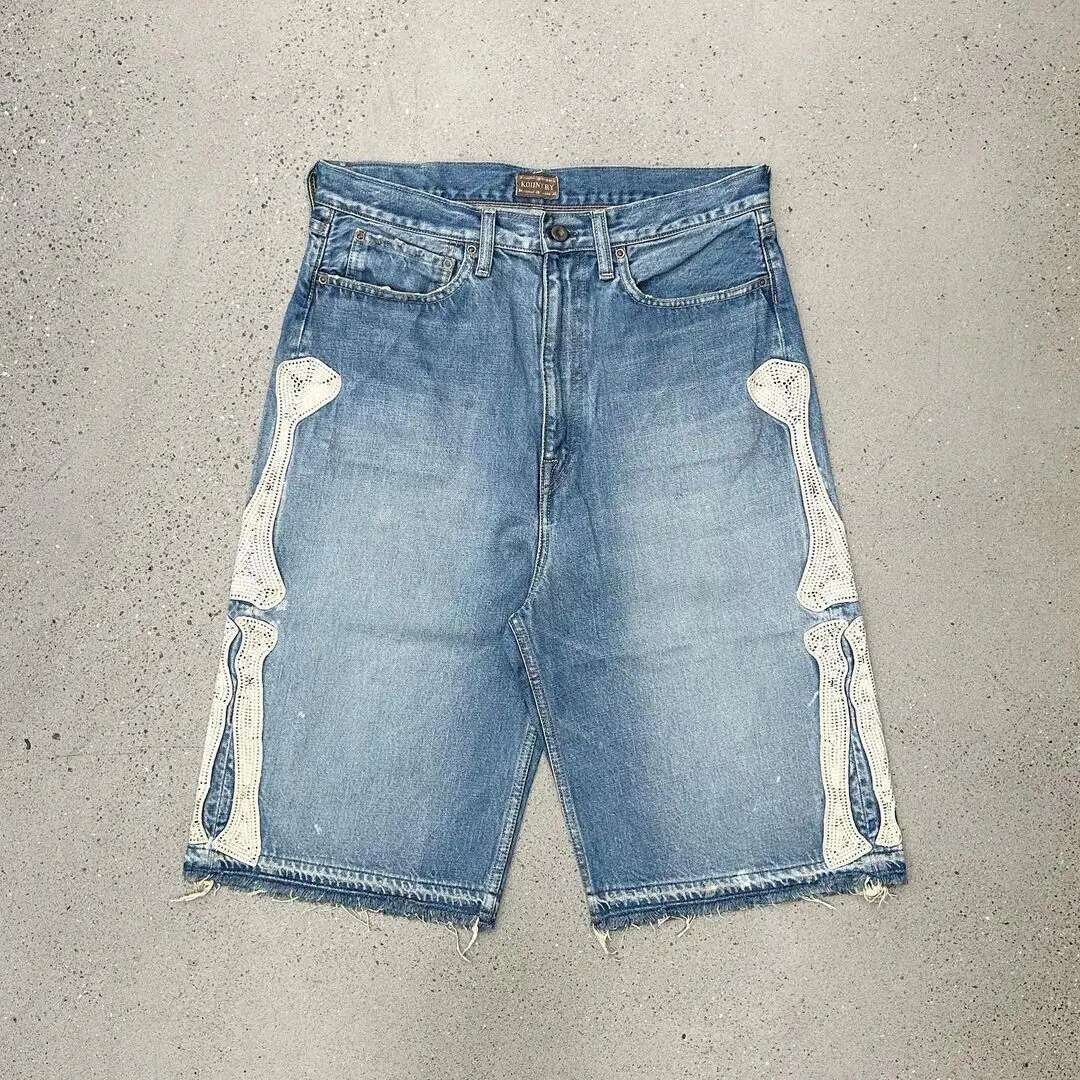 Haruku Street Trend Y2K Summer New Collection Bone Embroidered Five Point Men's Loose Straight Leg Pants Washed With Diamond Set Blue Jeans Men&#