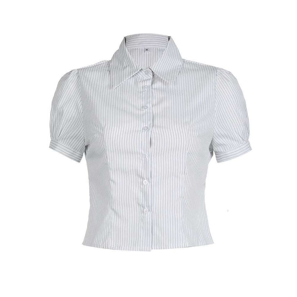 Sweetown White Stripe Puff Short Sleeve Button Shirts For Women Basic Simple Casual Seumme Preppy Tops Y2k Korean Clothes