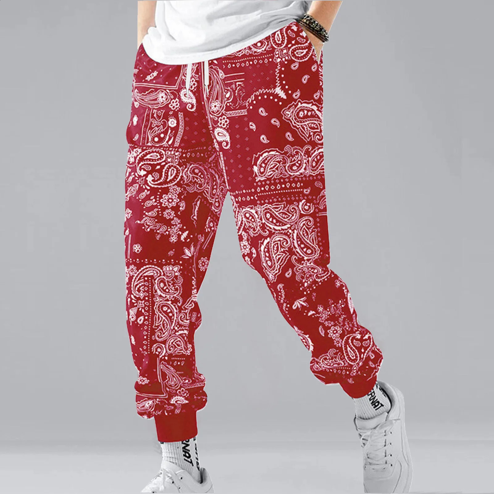 Retro Print Long Sweatpants Mens Elasticated Waist Casual Trousers Drawstring Pockets Autumn Winter Jogger Trousers Mens 250214