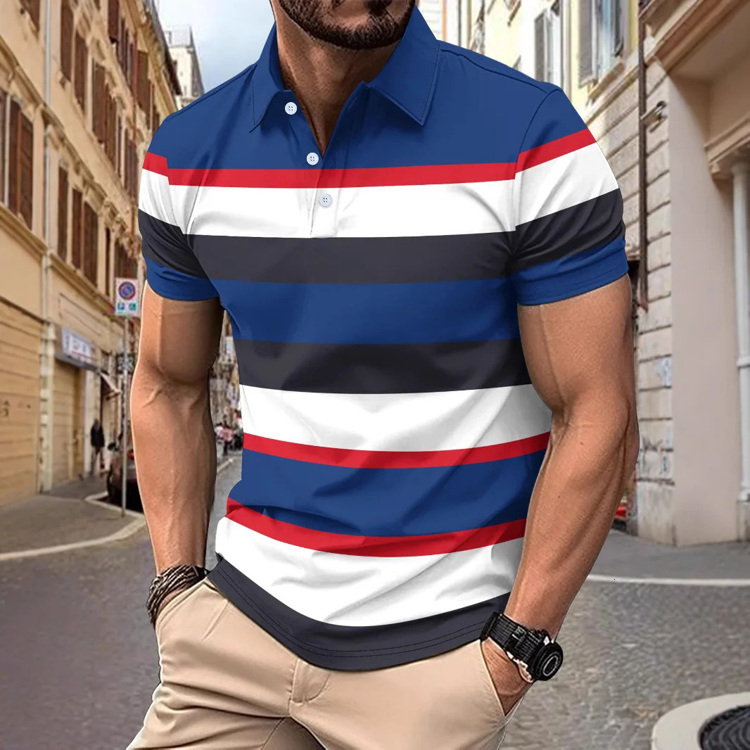 Summer Striped Patchwork Mens Polo Tshirt Fashion Lapel Button Sports trend Street Wear Short Sleeve Top 250219
