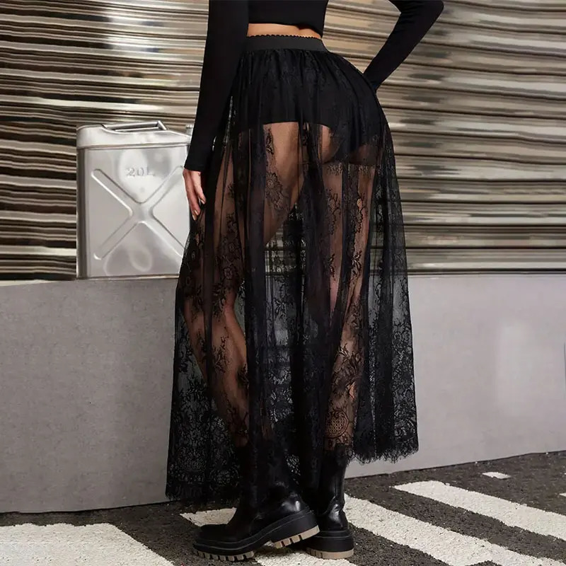 Elegant Party Evening Sexy Dress Lace Dresses for Women See Through Maxi Bodycon Gothic Lolita Fashion Black Skirt 250213