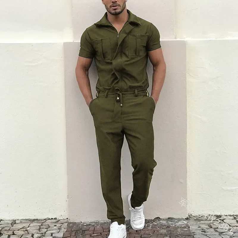 New Mens Rompers Pants Casual Loose One-piece Suit Overalls Fashion Short Sleeve Jumpsuit Streetwear Men Ropa De HombreXJ250218