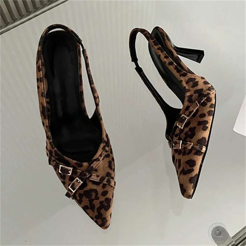 Street Style Leopard Print Buckle Woman Pumps Pointed Toe Sgbacks Shoes Sexy Low Heels Party Dress Sandals