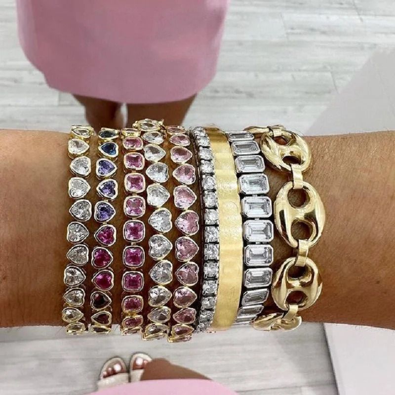 Bezel Heart Shaped CZ Tennis Chain Bracelet Gold Color White Pink Green Cubic Zirconia Fashoin Jewelry 250213