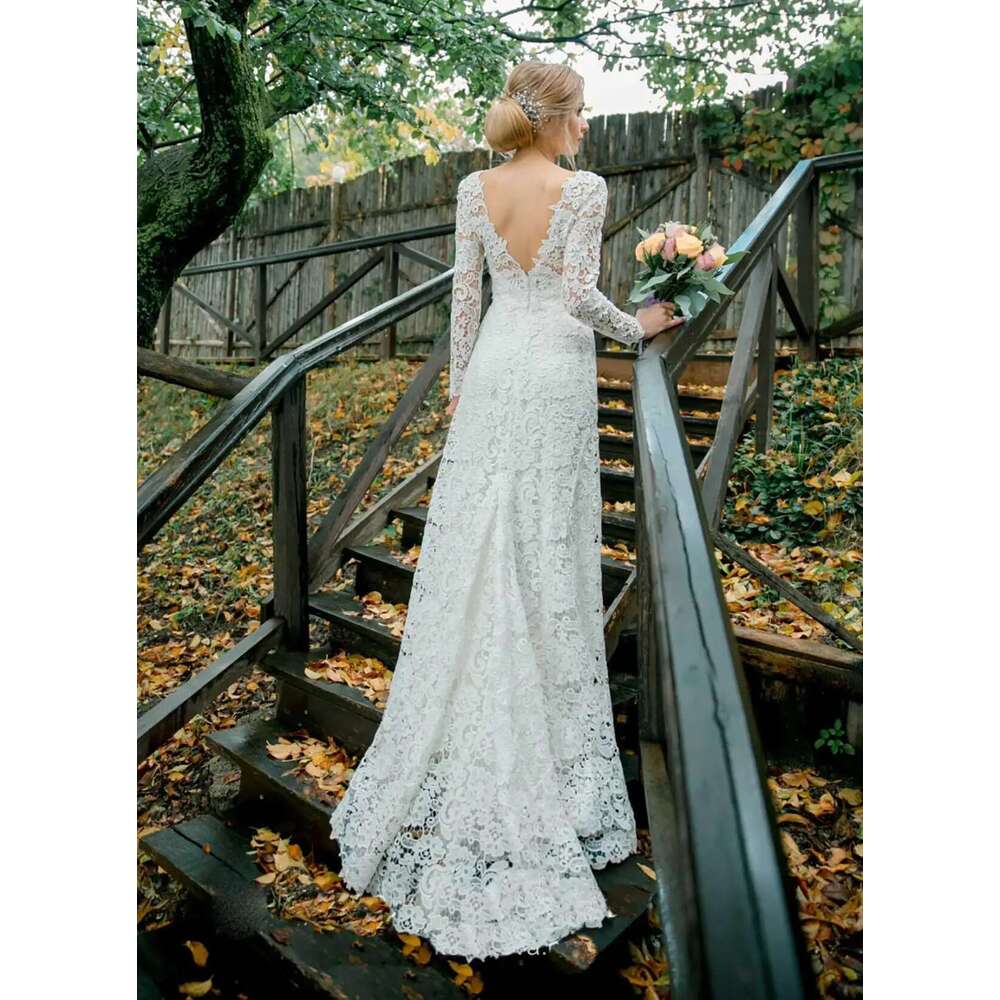 Vintage A E Wedding Dresses Long Sleeve High Neck Backless Appliques Lace Sweep Train Vestido De Noiva Customized 6660311