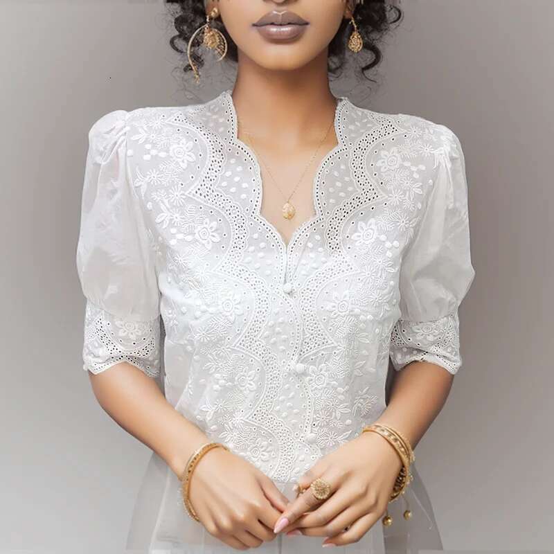 Summer Embroidery Puff En Cotton Women Blouse Spring Casual White Hollow Out Tops Short Sleeve Shirt