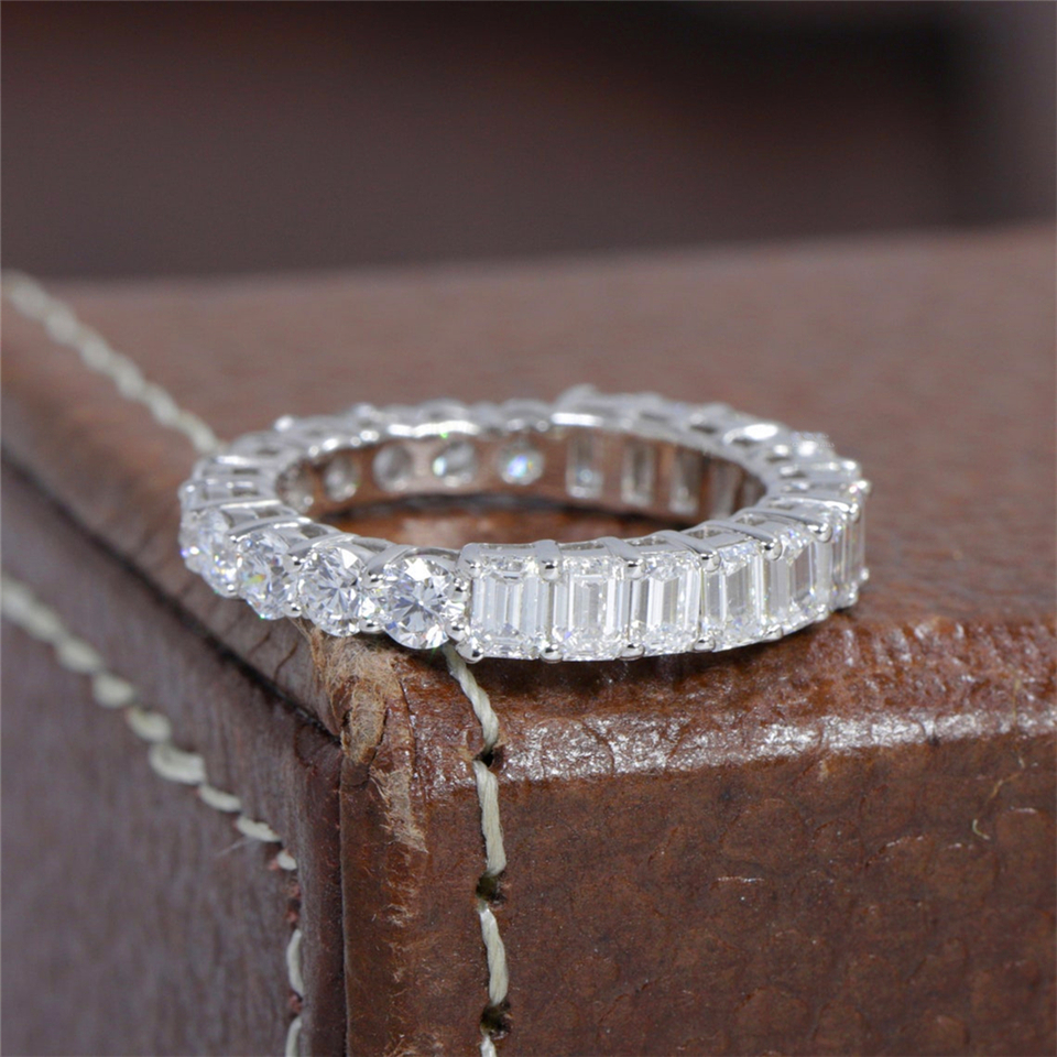 Jewelry18K Solid White Gold Full Eternity Band Lab Grown Diamond Band Half 3.0mm Round Half 4*3mm Emerald Stackable Band HPHT CVD Real Gold Women Wedd