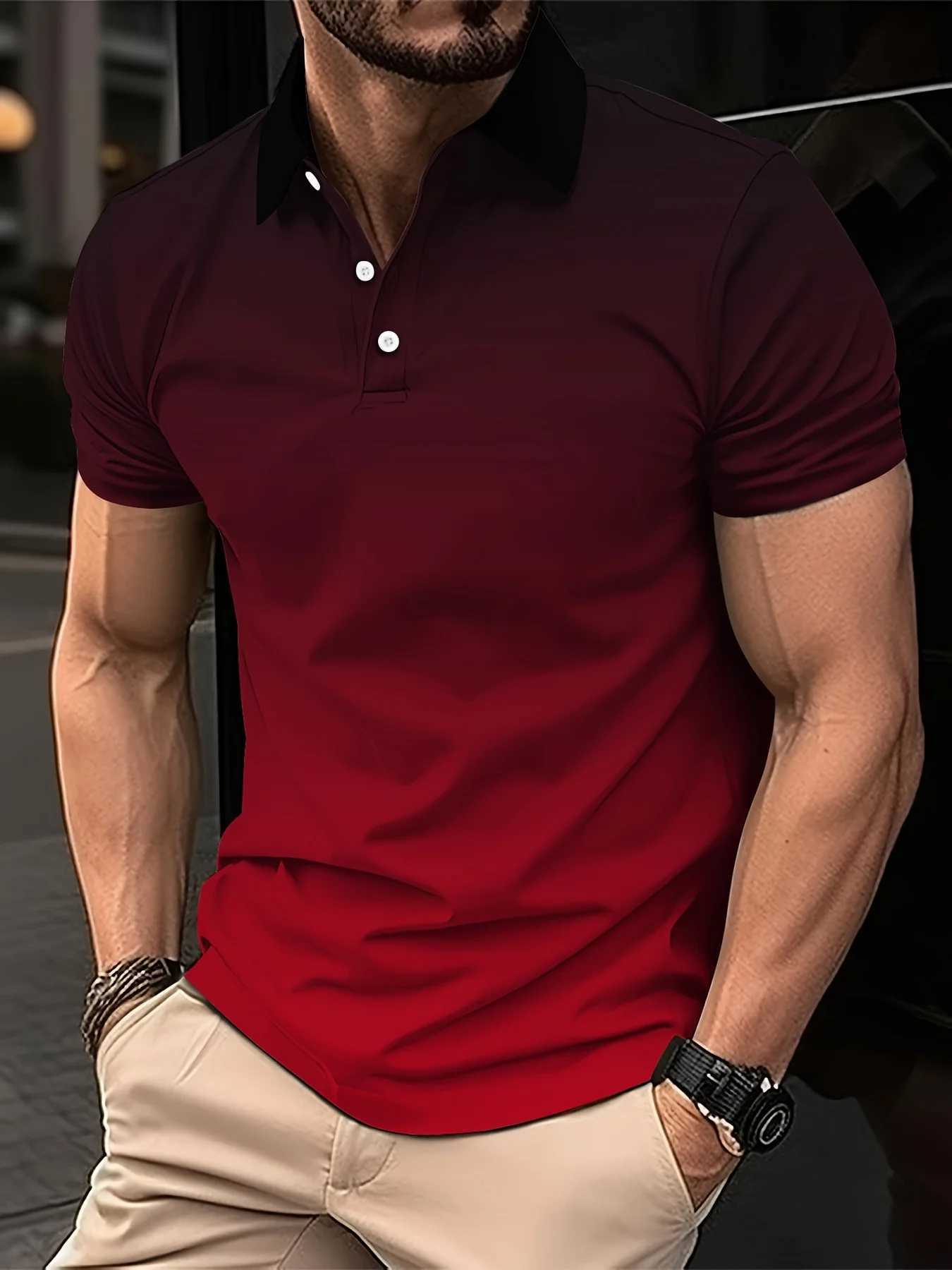 Mens Fashion Gradient Color Polo Shirt Lapel Golf Shirt Short Sleeve Printed Button Clothing Fashion Design Casual BreathableXJ250219