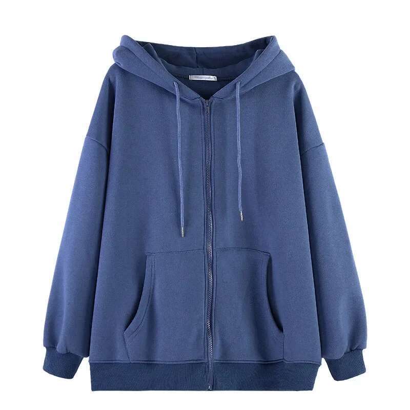 Lucyever Gray Zip Up Hoodie Coat Women Streetwear Haruku Oversized Hood Jacket Female Autumn Retro Solid Color Sweatshirts