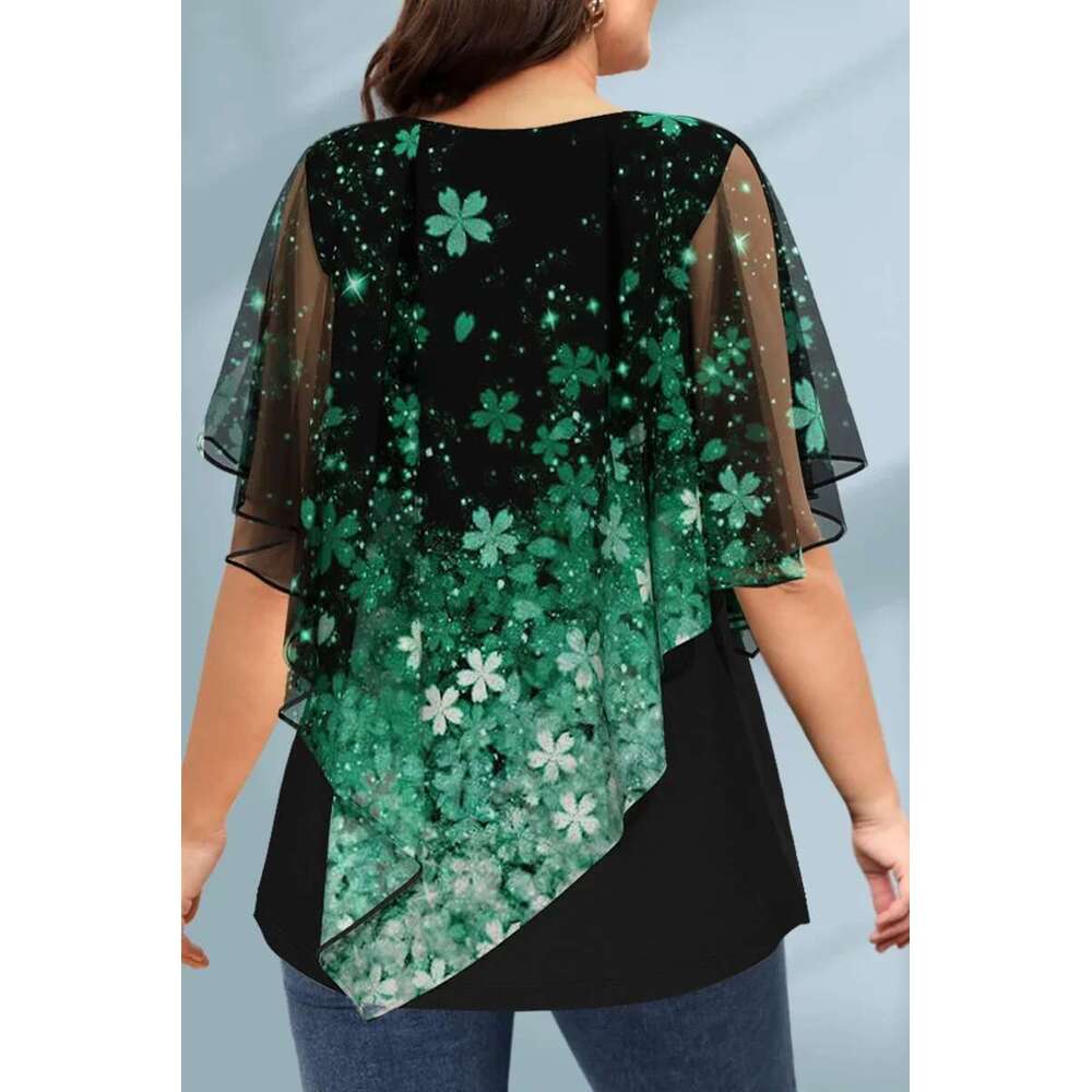 Plus Size Blouse Cloak Loose Casual Ral Print Ruffle Batwing Cape Sleeve Tee Medium Stretch Women Shirt Top