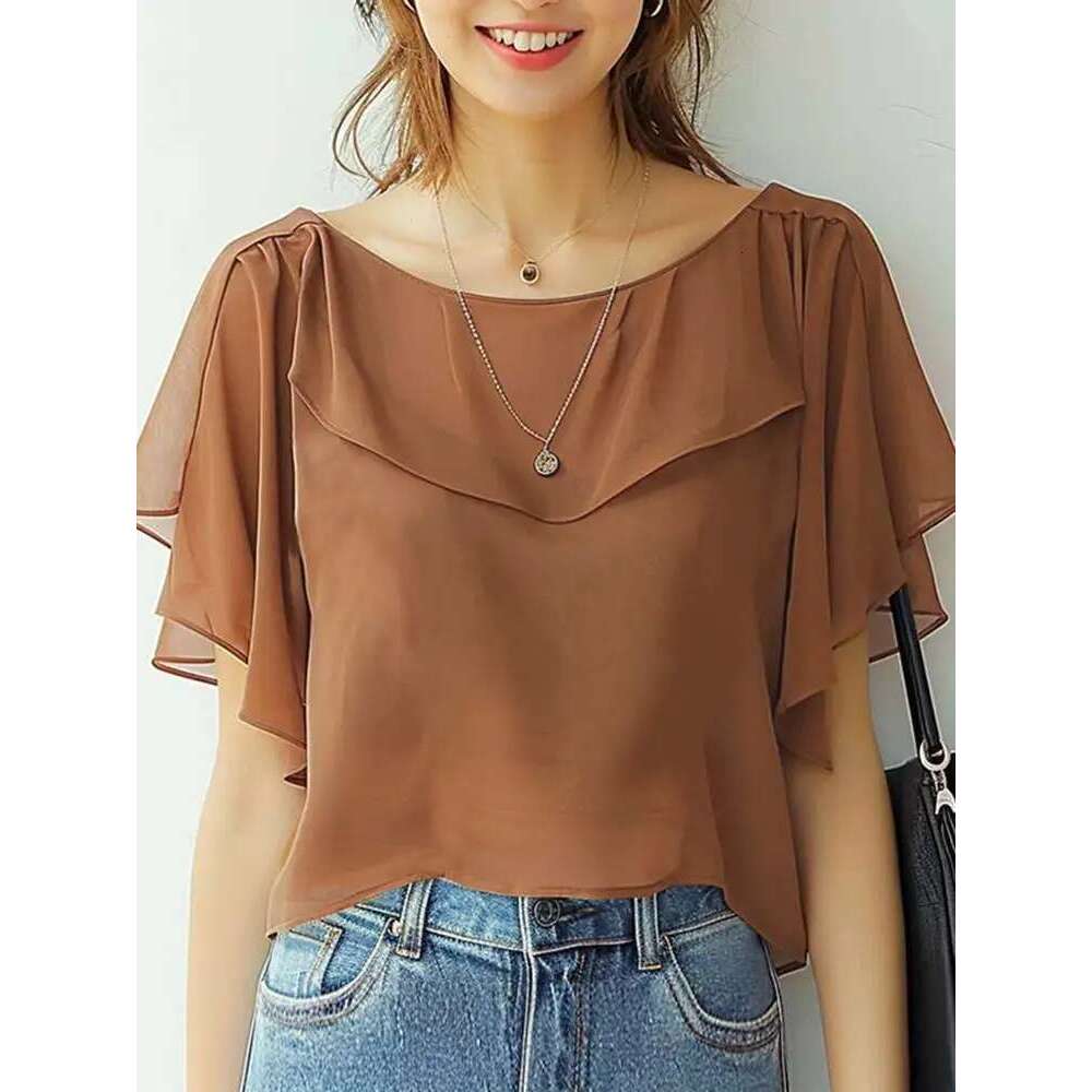 ZANZEA Summer Women Chiffon Blouse Elegant Short Sleeve Tops Shirt 2024 Korean Fashion Casual Tunic Chic Ruffle Hem Blusa