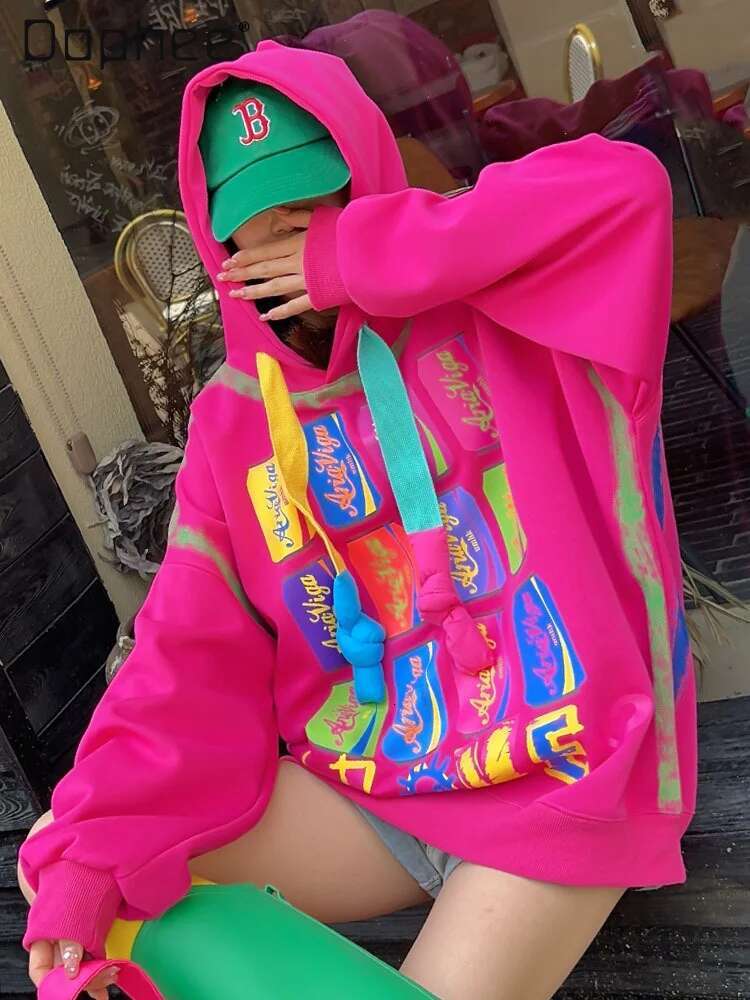 European Goods Graffiti Creative Design Oversized Hooded for Women 2024 Spring Autumn Mid-Length Sweatshirt Hoodie