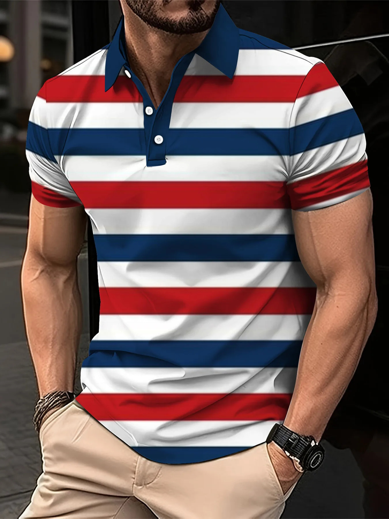 Mens Summer Short Clothes Sleeved Lapel 3D Digital Printed Striped Polo Shirt Mans Business Casual Top Oversized 250213