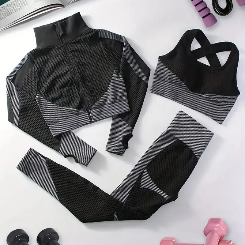 Womens Fitness 3-Piece Breathable Long Sleeve Jacket Hollow Sports Bra High Waist Leg Exercise Yoga Set 250219