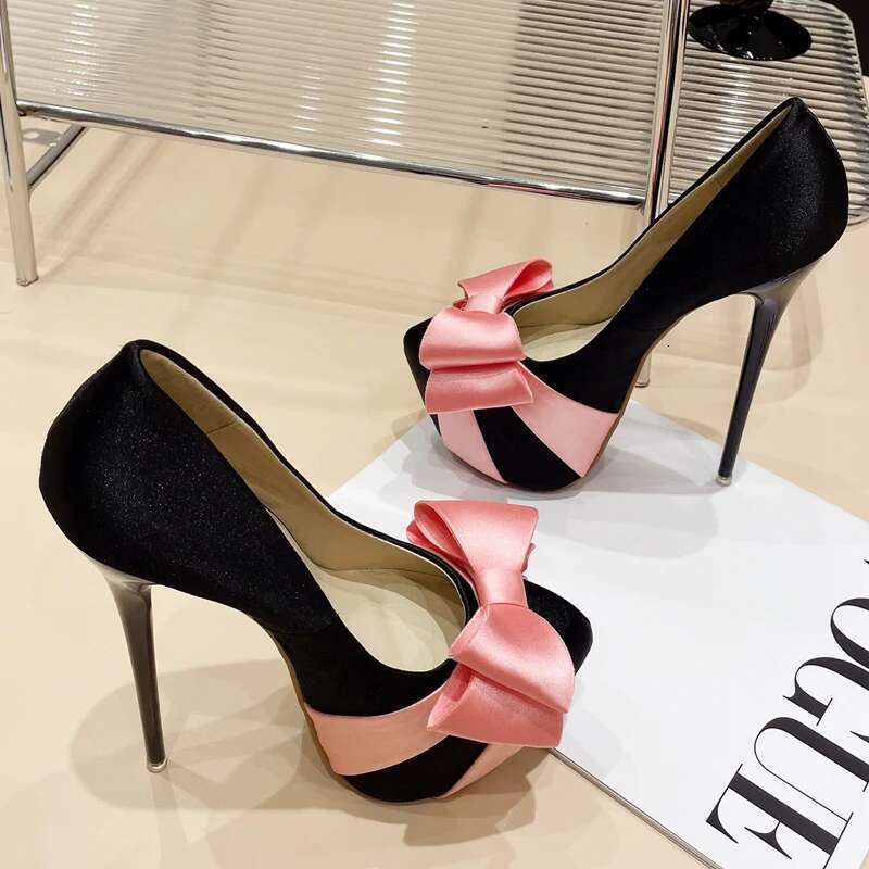 Fashion Extreme Butterfly-knot Platform Pumps Women Ultra High Stiletto Heels Round Toe Party Wedding Stripper Shoes