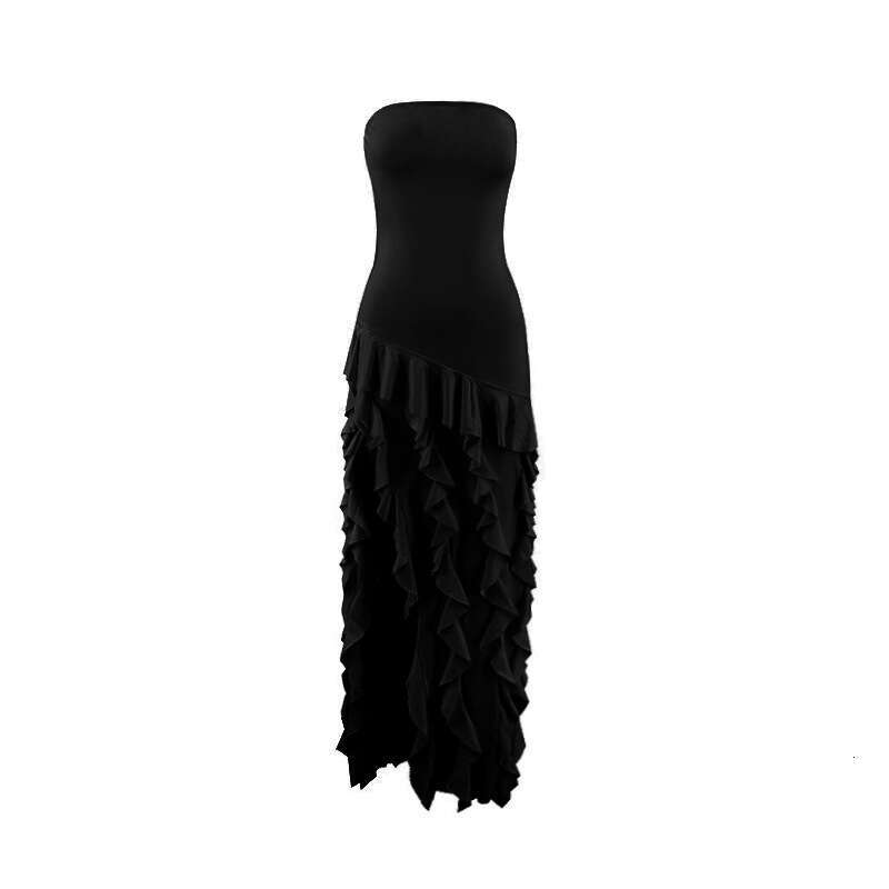 European and American style summer hot item strapless, black fungus edge solid color side slit dress wholesale 2025 temperament versatile new trend cl